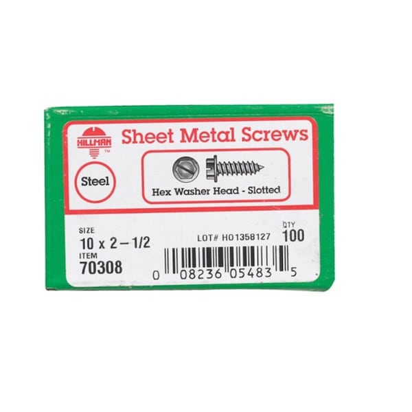 Hillman Sheet Metal Screw, #10 x 2-1/2 in, Zinc Plated Steel Flange Hex Head Hex Drive 76605 - main